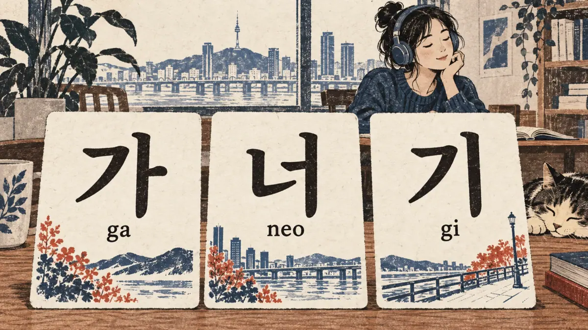 Three reading cards show 가 (ga), 너 (neo) and 기 (gi), with a learner listening behind them.