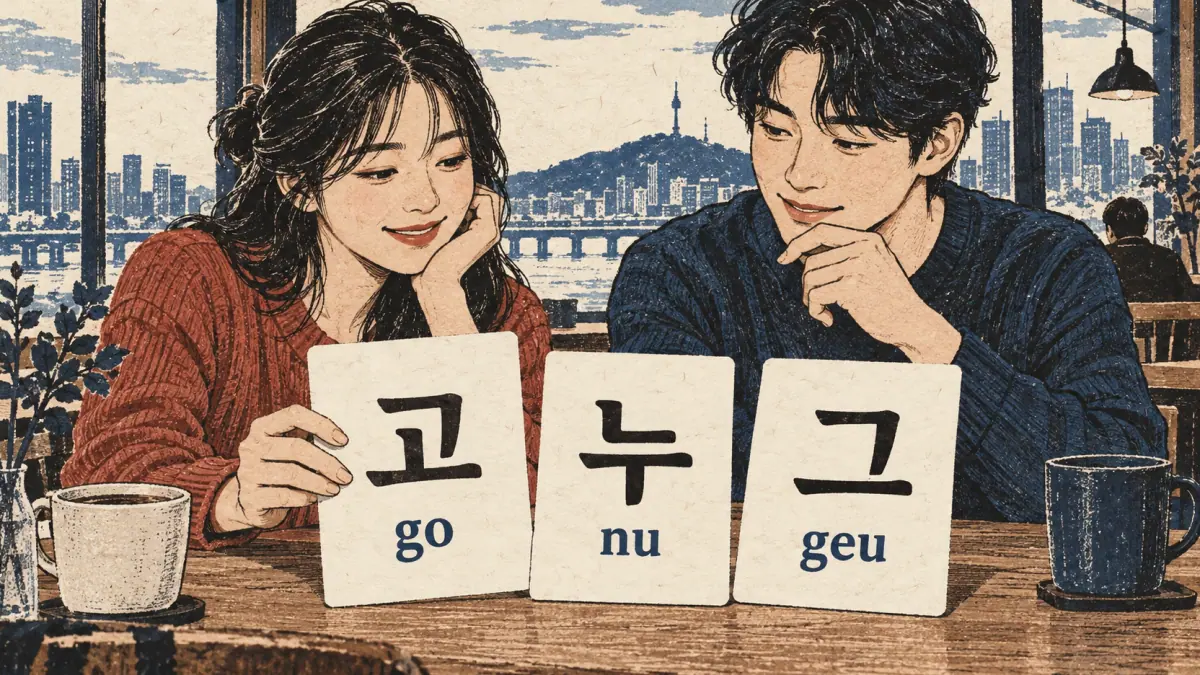 Reading cards show 고 (go), 누 (nu) and 그 (geu), examples of horizontal-vowel blocks.