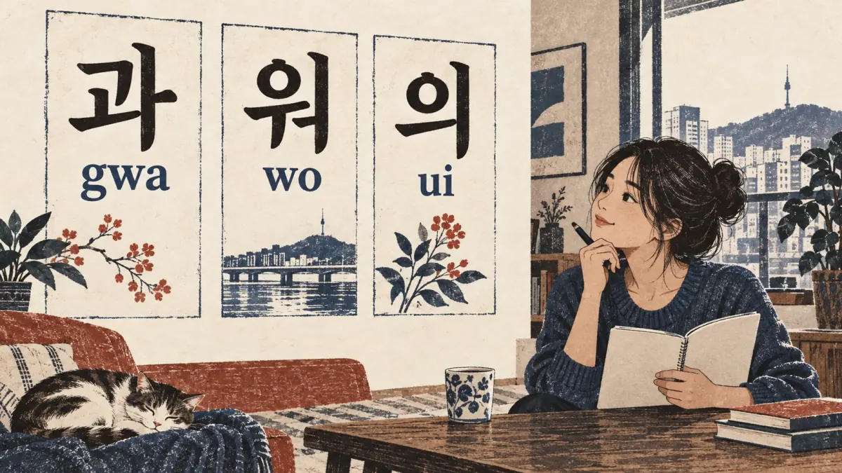 Large examples 과 (gwa), 워 (wo) and 의 (ui) show mixed-vowel blocks for reading practice.