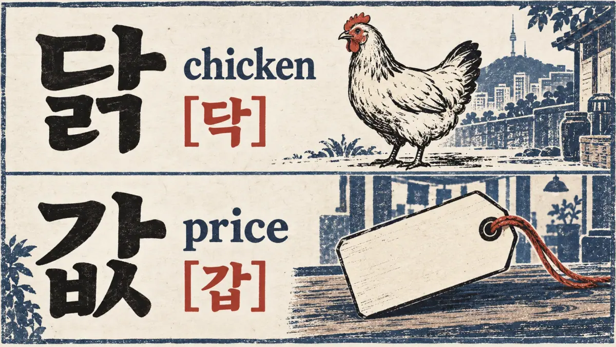 닭 (chicken) is paired with [닥], and 값 (price) with [갑], comparing spelling and spoken forms.