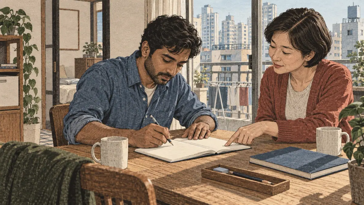 An adult learner practises careful writing with a Korean tutor at an apartment desk.
