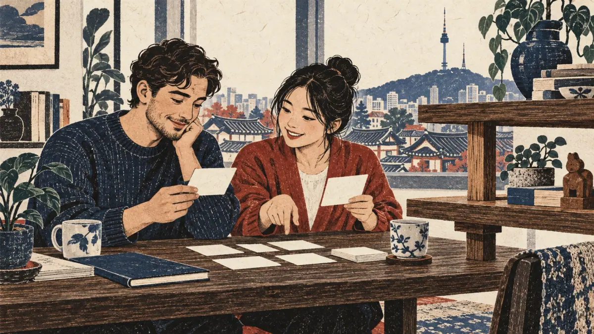 Adult learner and Korean tutor study at a wooden table in a Seoul apartment.