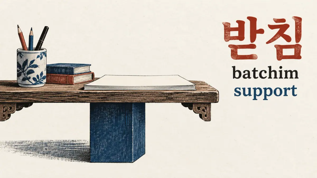 A wooden support holds up a shelf, recalling 받침 (batchim), meaning support.