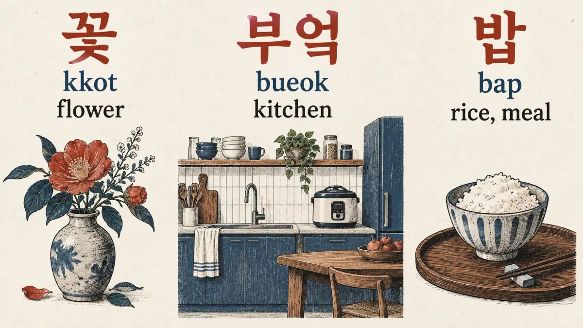 A flower 꽃 (kkot), kitchen 부엌 (bueok), and rice 밥 (bap) show three batchim examples.