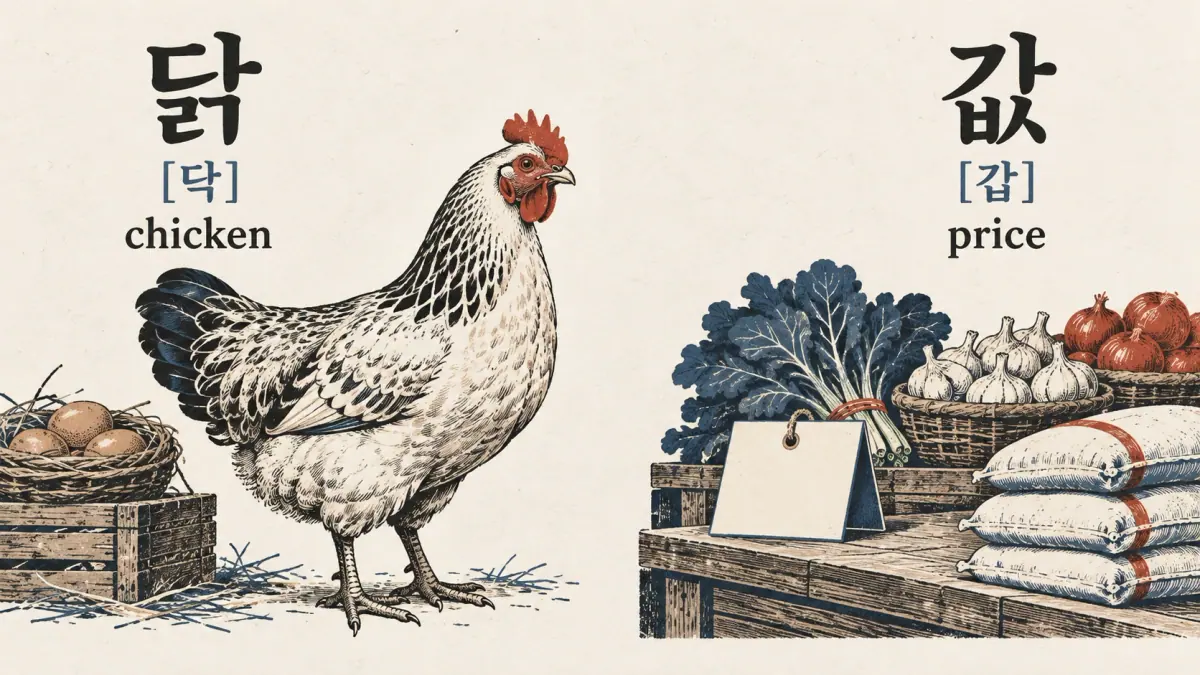 Chicken 닭 [닥] and price 값 [갑] illustrate cluster batchim examples.