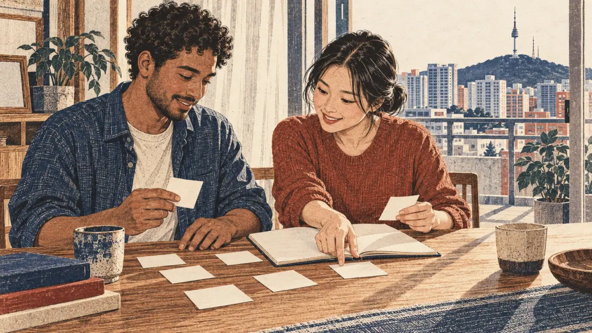 Adult learner and Korean tutor study with blank cards at a Seoul apartment table.
