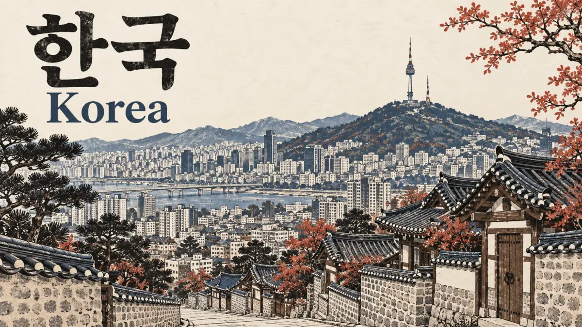 한국, labelled Korea, above a detailed Seoul skyline with Namsan tower.