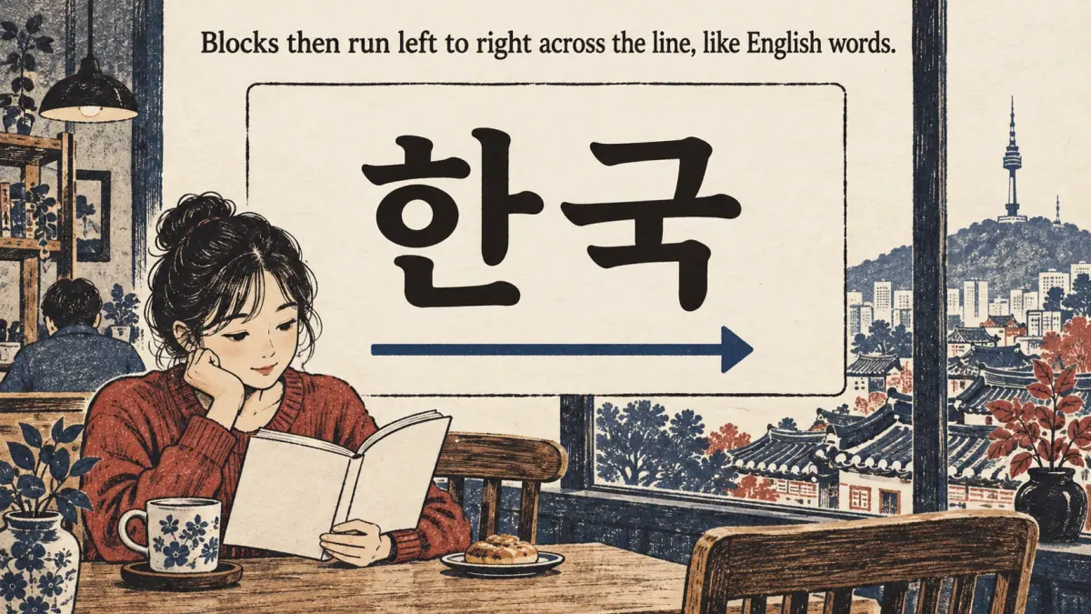 A left-to-right arrow below 한국 shows word reading order; a learner reads in a café.