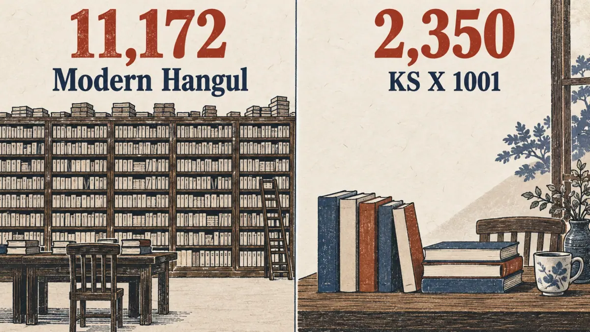 11,172 modern Hangul blocks compared with 2,350 common blocks in KS X 1001, illustrated with books.