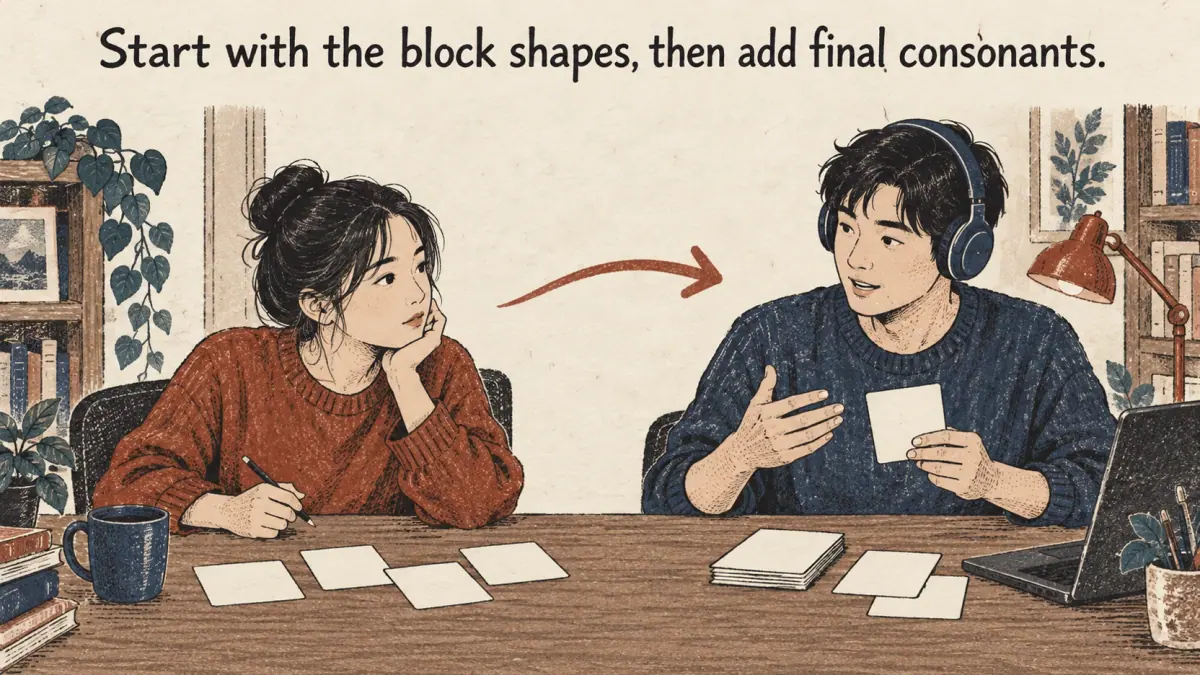 A study progression from block shapes to final consonants, with two learners at a table.