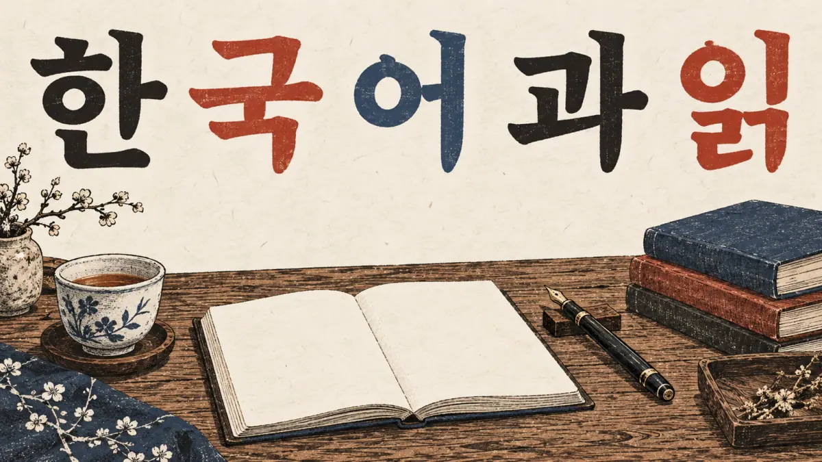 Five large practice syllables 한, 국, 어, 과, 읽 above a blank notebook and pen.