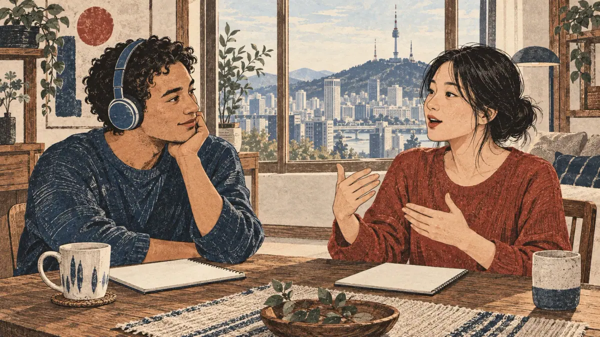 Adult learners practise a steady vowel using audio in a Seoul apartment.