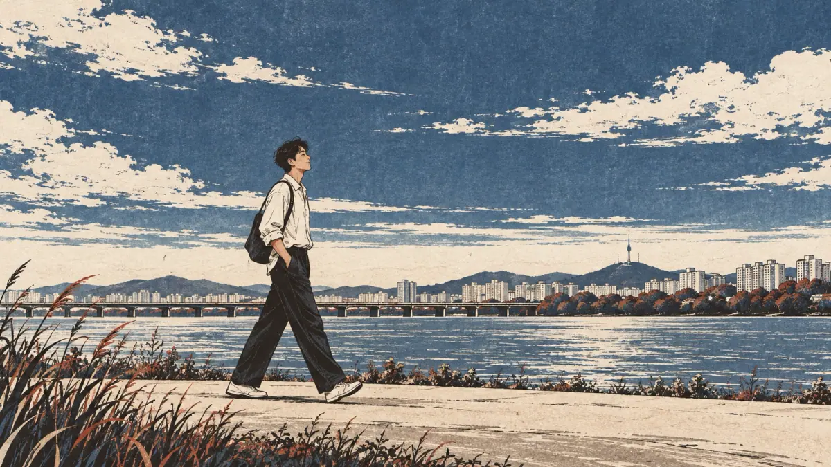 A standing person beneath the sky on level earth illustrates the three ideas behind Hangul vowel design.
