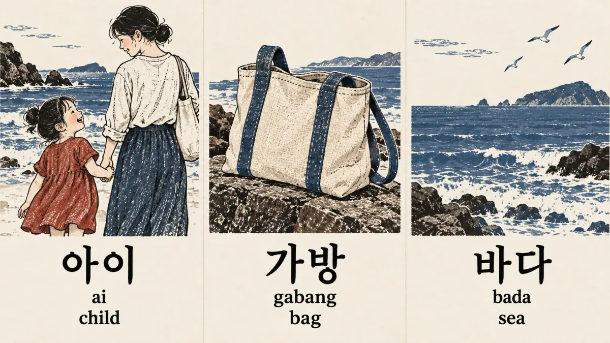 Three scenes show 아이 (ai), child; 가방 (gabang), bag; 바다 (bada), sea.