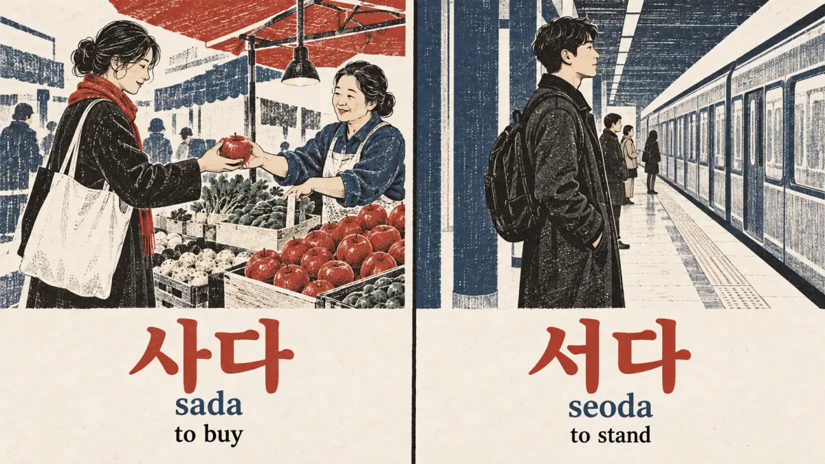 An apple purchase illustrates 사다 (sada), to buy; a standing passenger illustrates 서다 (seoda), to stand.