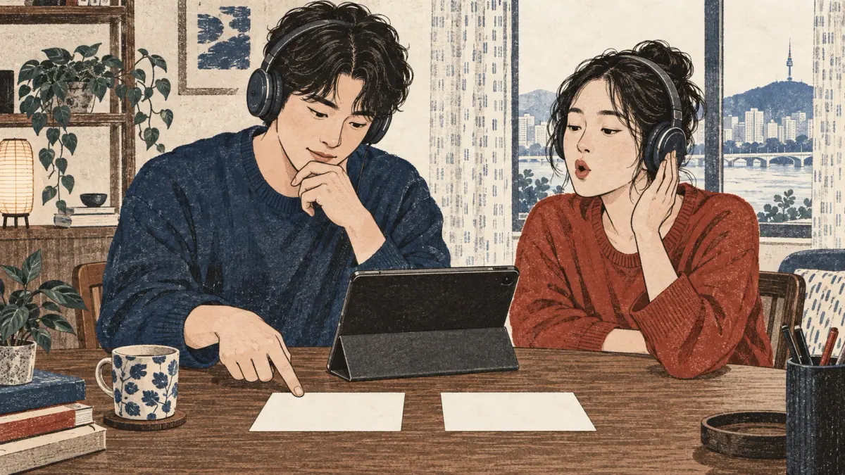 A learner compares two audio clips before choosing an answer.