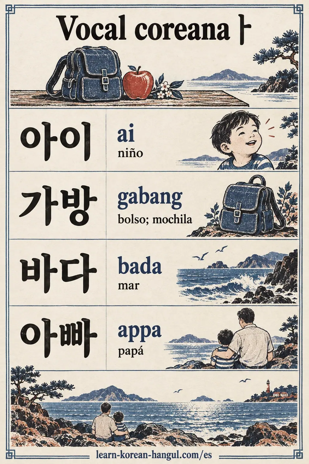 Guía ilustrada: 아이 (ai), niño; 가방 (gabang), bolso; 바다 (bada), mar; 아빠 (appa), papá.