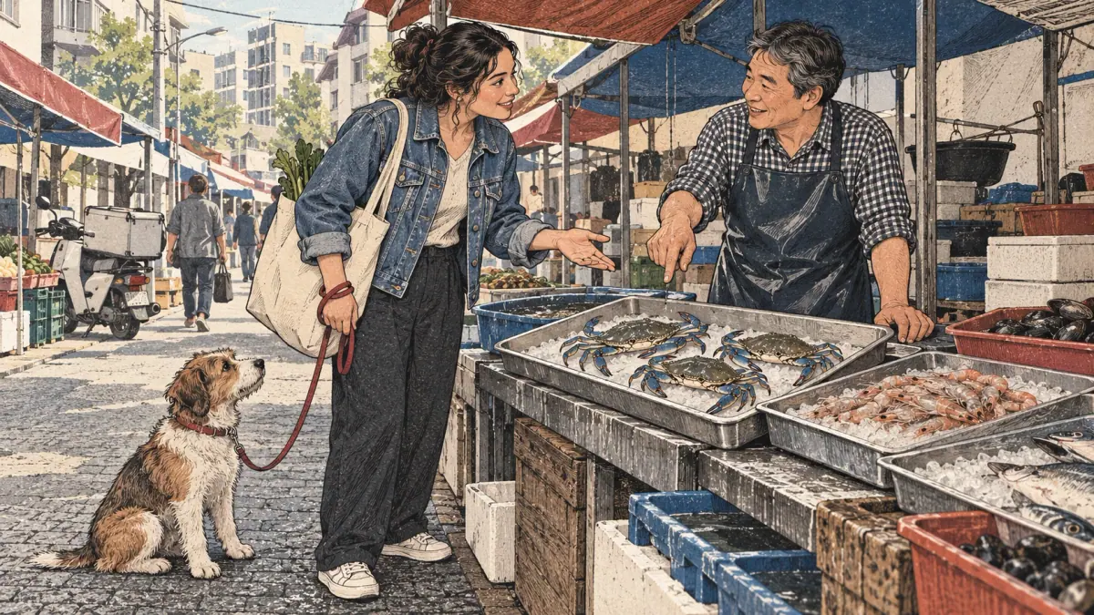 A learner and Korean vendor discuss crabs at a Seoul market while a small pet dog waits beside her.