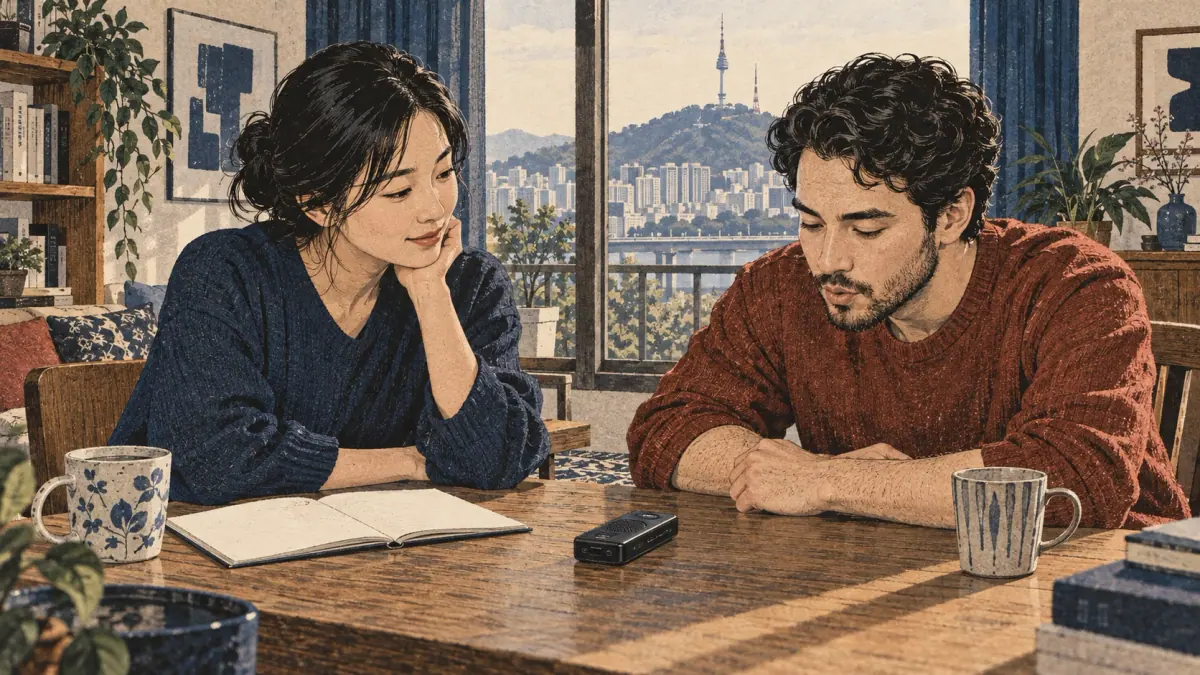 Adult learners listen to a vowel recording at a Seoul apartment table.