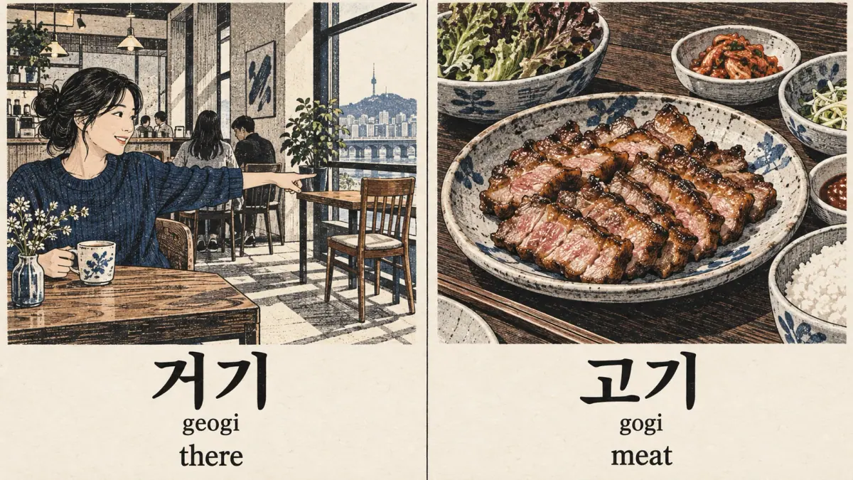 A woman points there, 거기 (geogi), beside a plate of meat, 고기 (gogi).