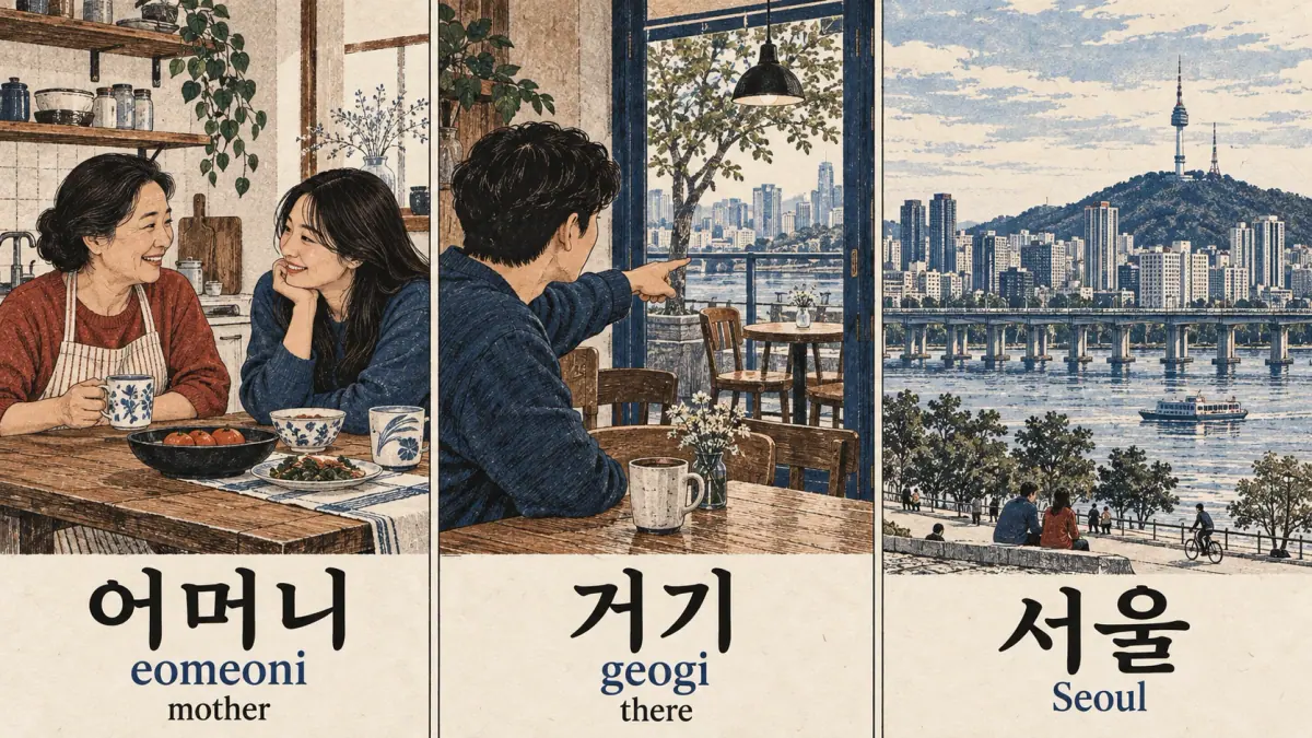 Scenes show 어머니 (eomeoni), mother; 거기 (geogi), there; and 서울 (Seoul).
