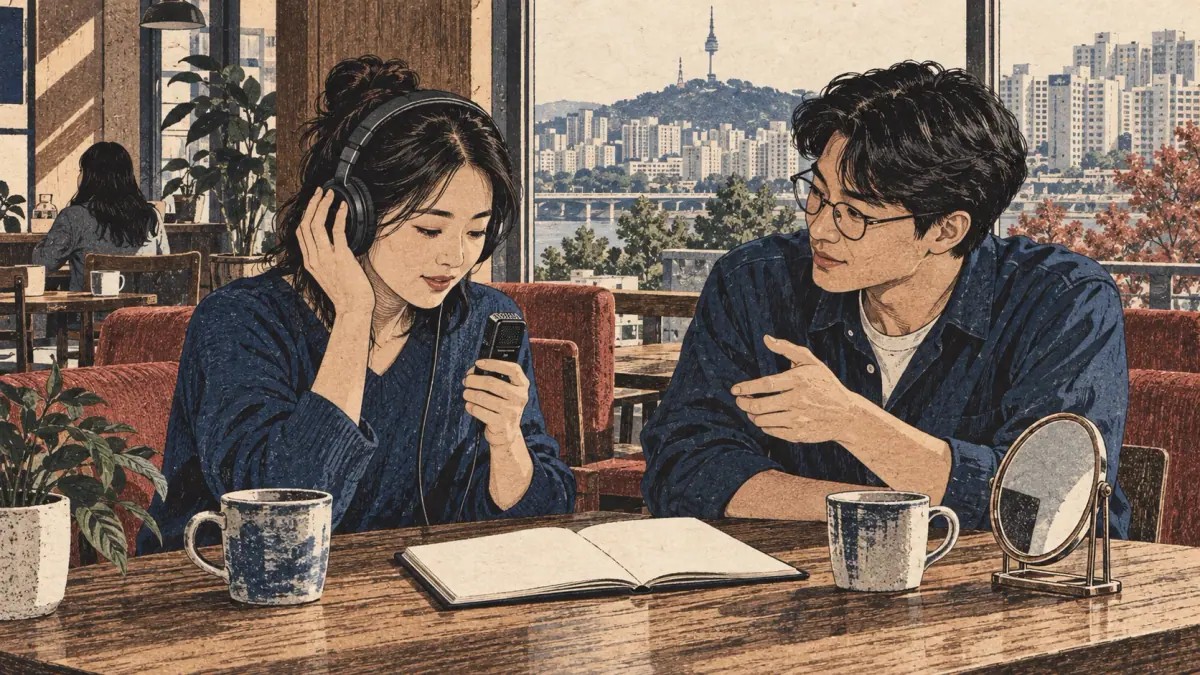 Two adults record and review pronunciation together at a Seoul café table.