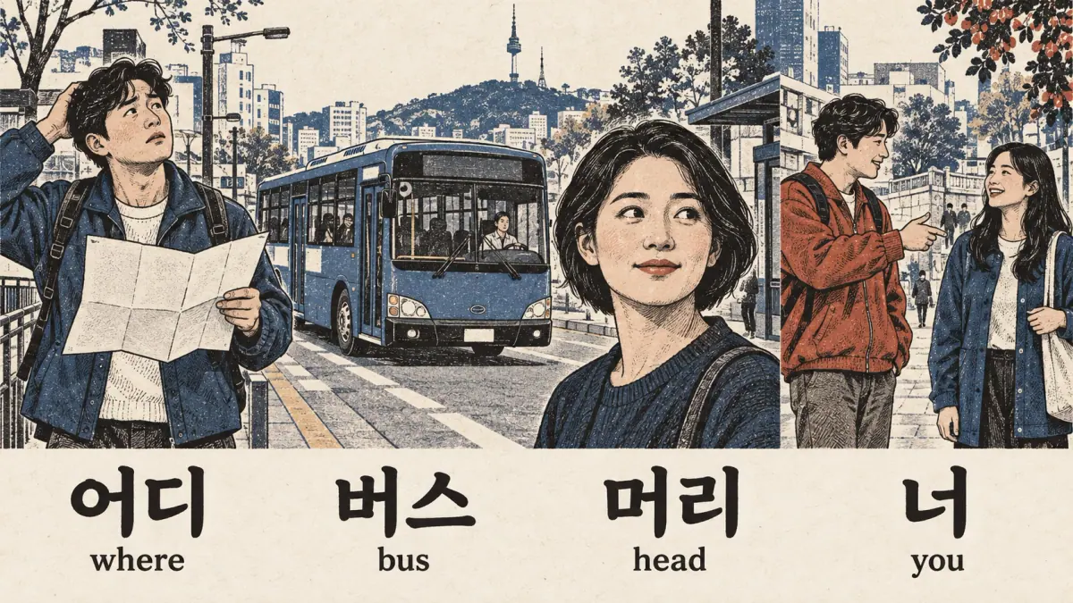 Street scenes label 어디, where; 버스, bus; 머리, head; and 너, you.