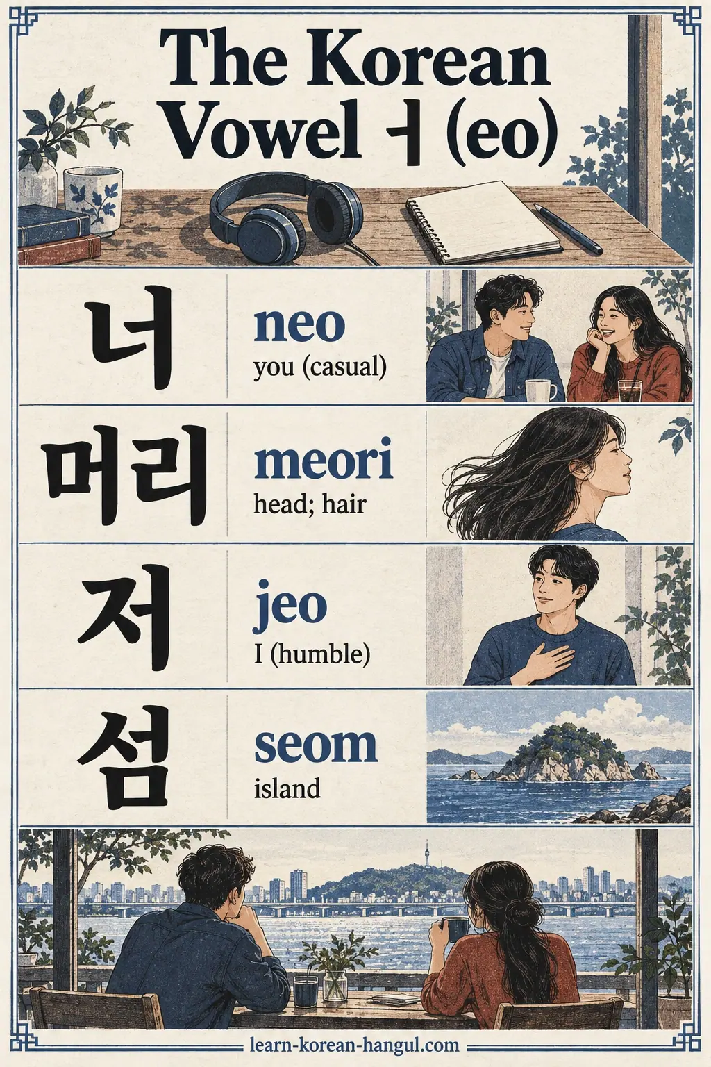 Four vocabulary rows: 너 (neo), 머리 (meori), 저 (jeo) and 섬 (seom), with matching illustrations.