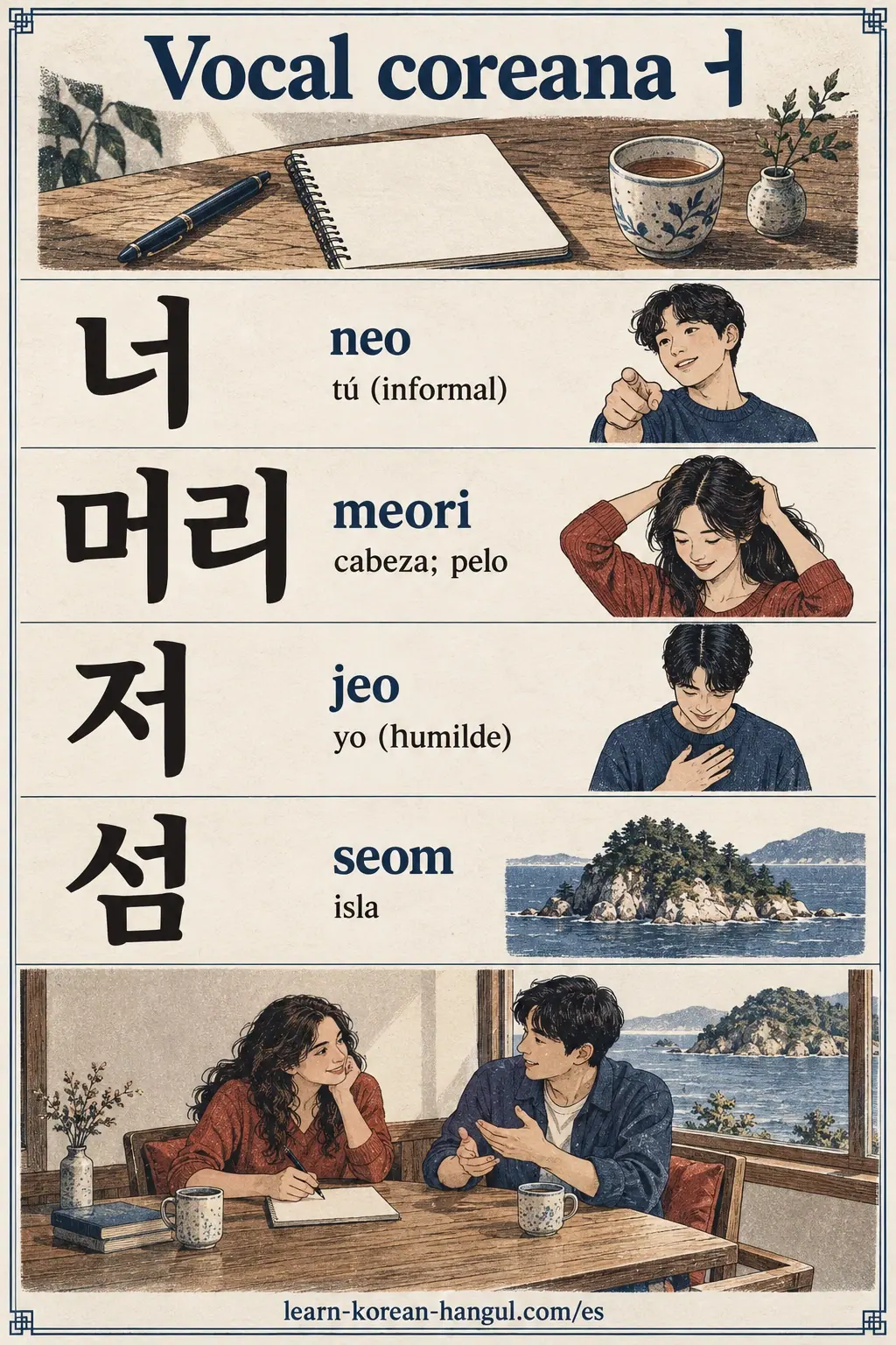 Filas de vocabulario con 너 (neo), 머리 (meori), 저 (jeo) y 섬 (seom), con significados e ilustraciones.