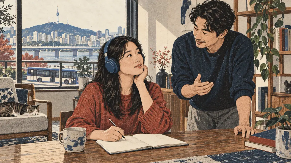 An adult Korean learner listens with headphones at a Seoul apartment study table.