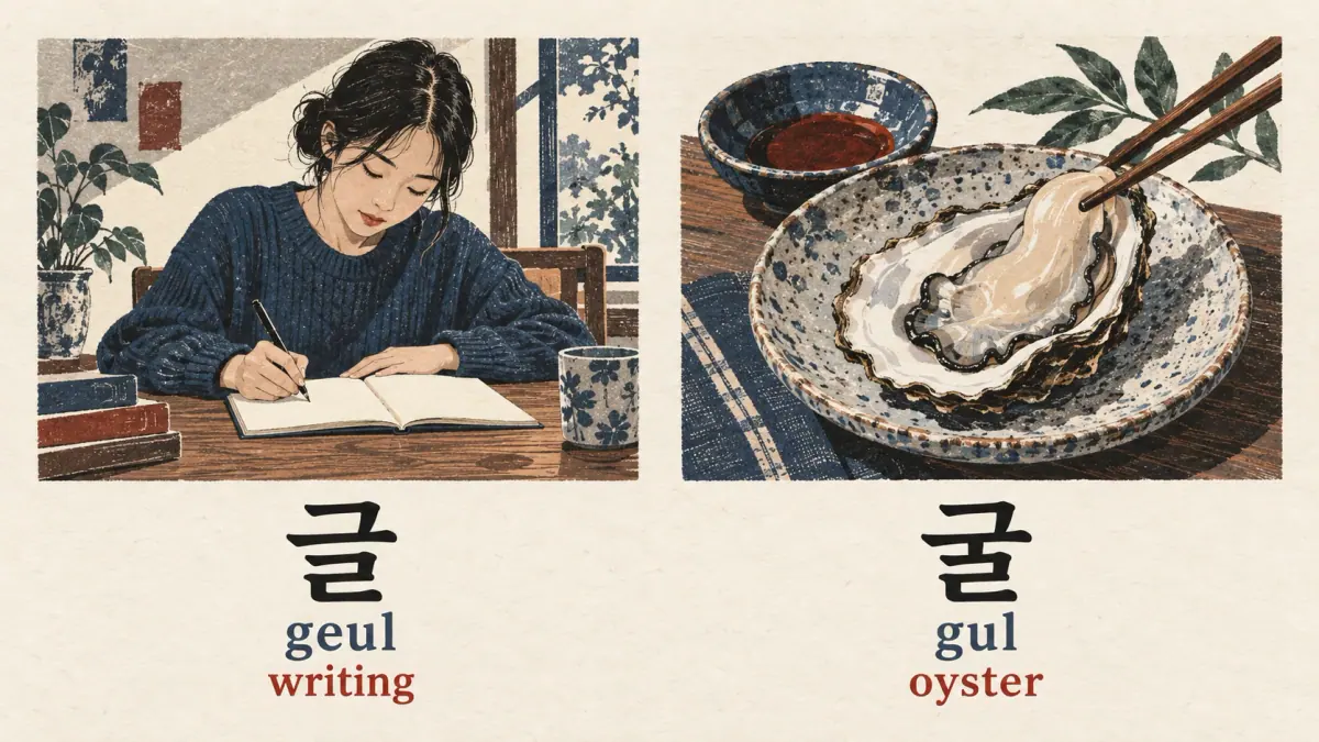 Writing labelled 글 (geul) beside an oyster labelled 굴 (gul).