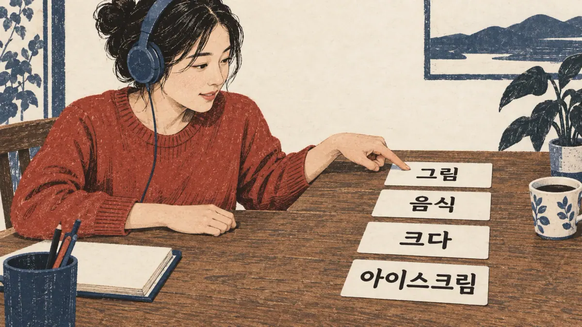 Reading cards show 그림, 음식, 크다 and 아이스크림 for audio practice.