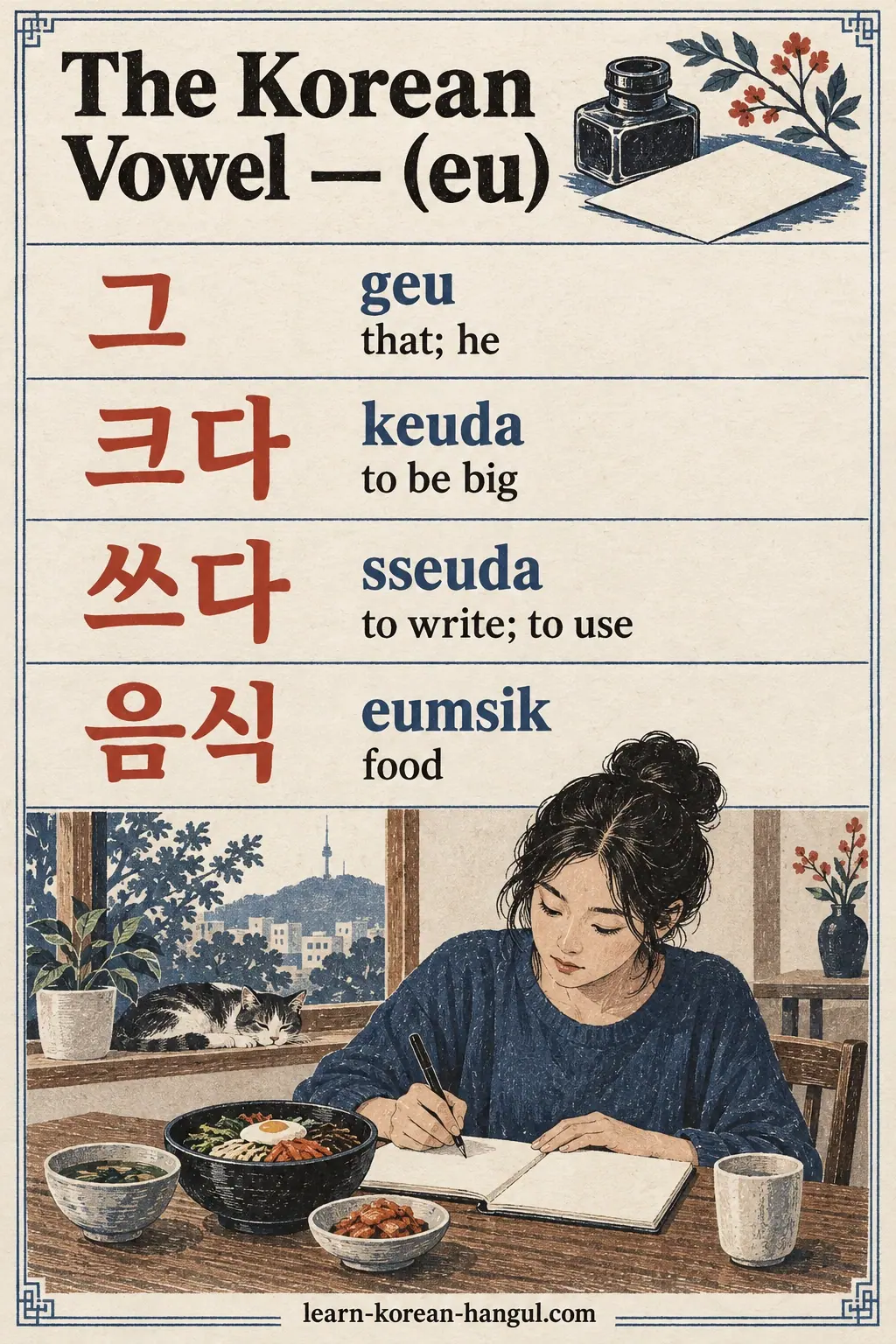 Four ruled rows show 그 (geu), 크다 (keuda), 쓰다 (sseuda) and 음식 (eumsik) with meanings.