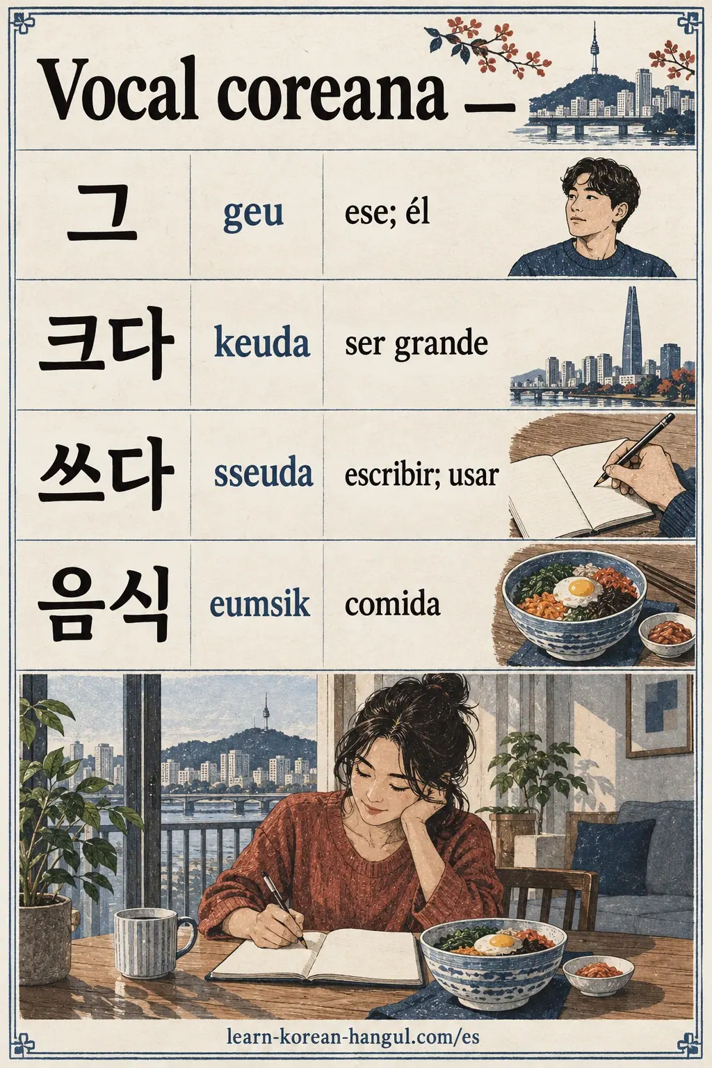 Filas con 그 (geu), 크다 (keuda), 쓰다 (sseuda) y 음식 (eumsik), con significados en español.