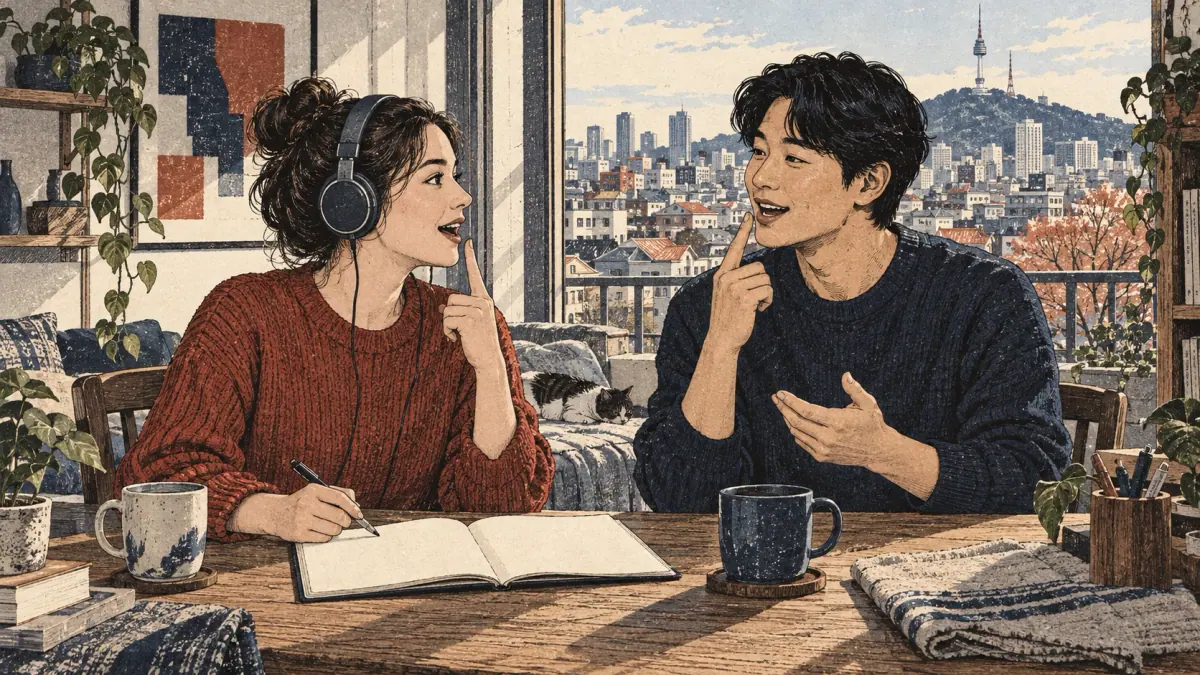 Adult learners listen to Korean audio beside a Seoul apartment window.