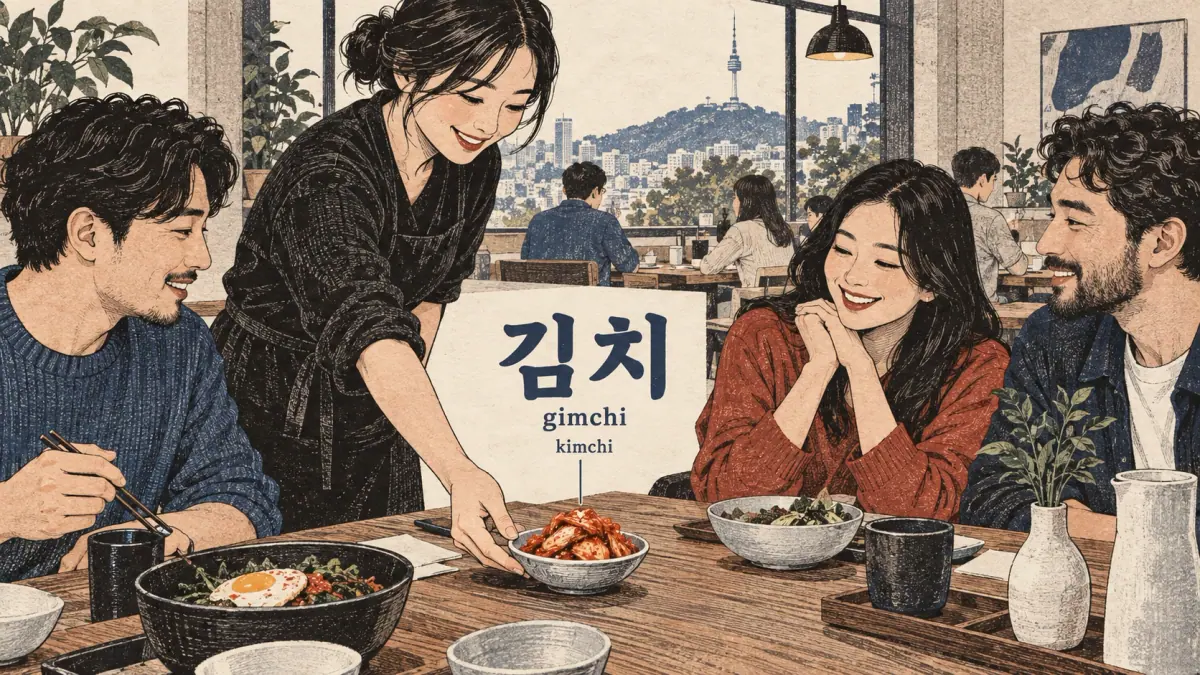 A dish of 김치 (gimchi), kimchi, on a Korean lunch table.