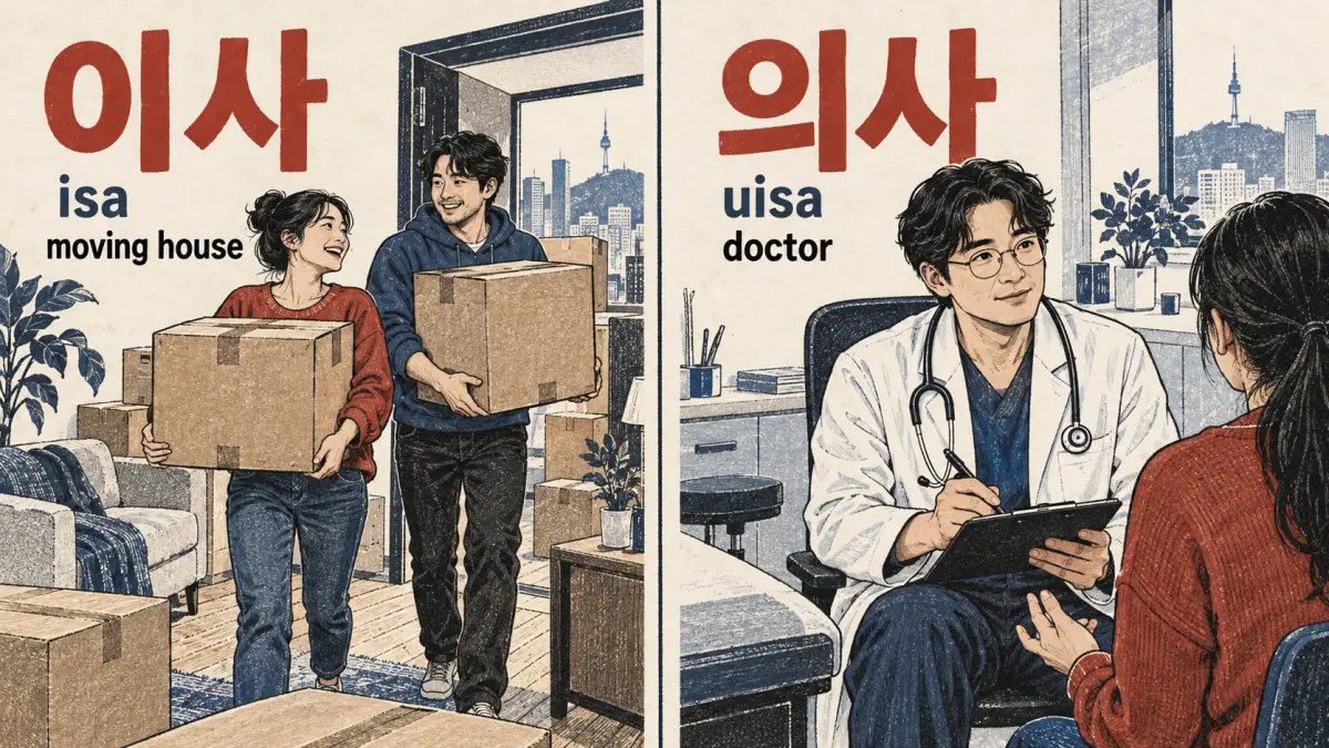 이사 (isa), moving house, compared with 의사 (uisa), doctor.