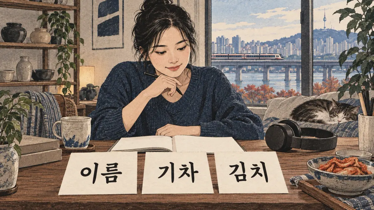 Reading practice cards show 이름, 기차 and 김치.