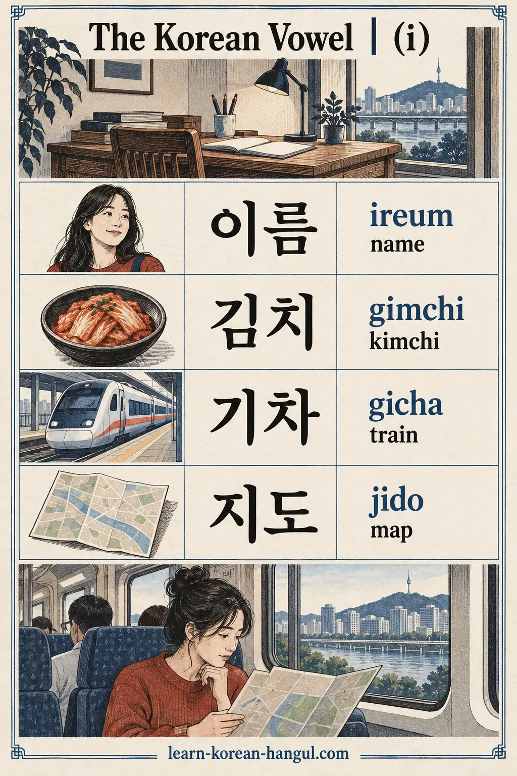 Korean vowel ㅣ (i) card: 이름 (ireum), 김치 (gimchi), 기차 (gicha), 지도 (jido).