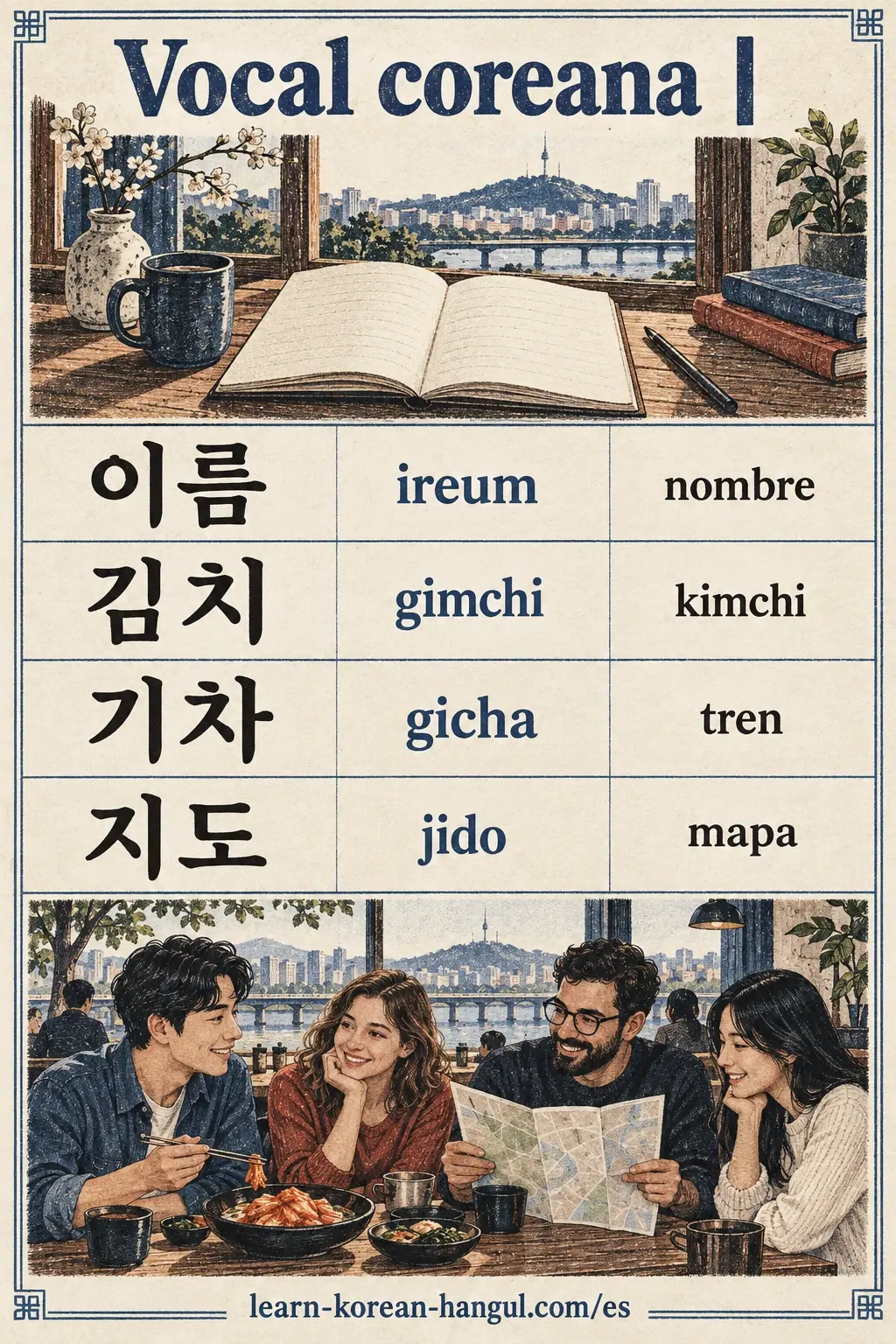 Tarjeta de la vocal coreana ㅣ: 이름 (ireum), 김치 (gimchi), 기차 (gicha), 지도 (jido).