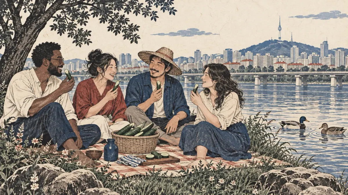 Adult learners picnic beside Seoul's river with cucumbers, a woven hat and ducks.
