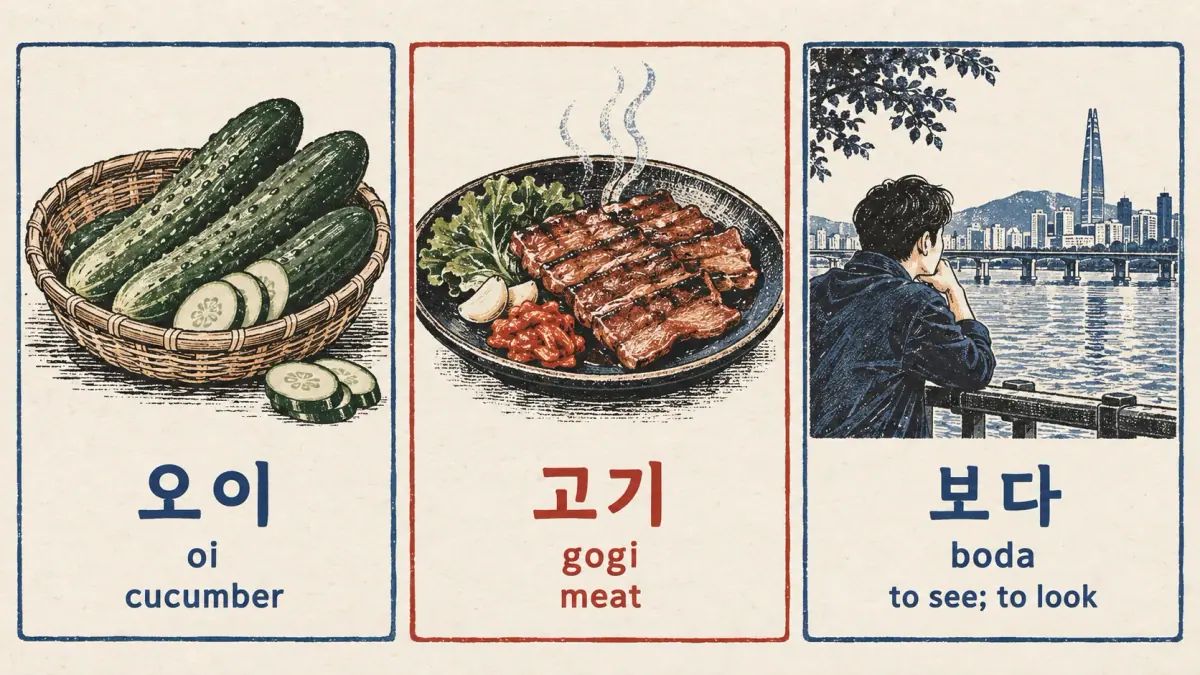 Cucumber 오이 (oi), meat 고기 (gogi), and looking 보다 (boda), each matched to its illustration.