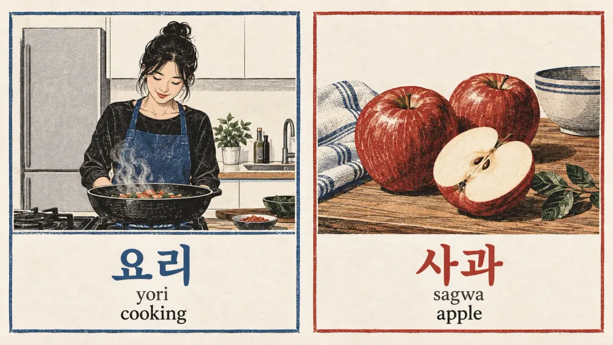 A home cook represents 요리 (yori), cooking; apples represent 사과 (sagwa), apple.