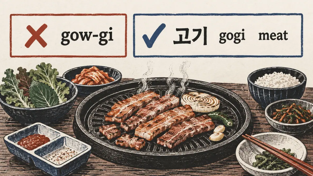 Crossed-out gow-gi beside correct 고기 (gogi), meat, above a Korean barbecue meal.