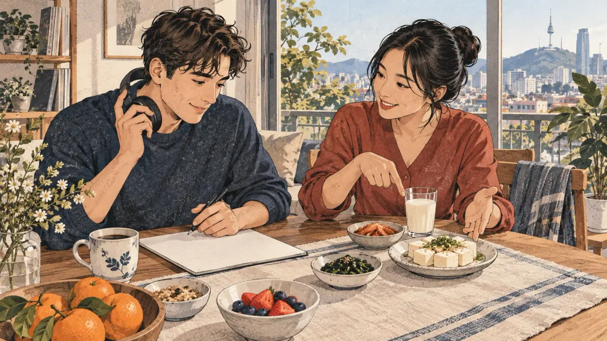 Learner and tutor practise Korean together over milk and tofu at an apartment breakfast table.