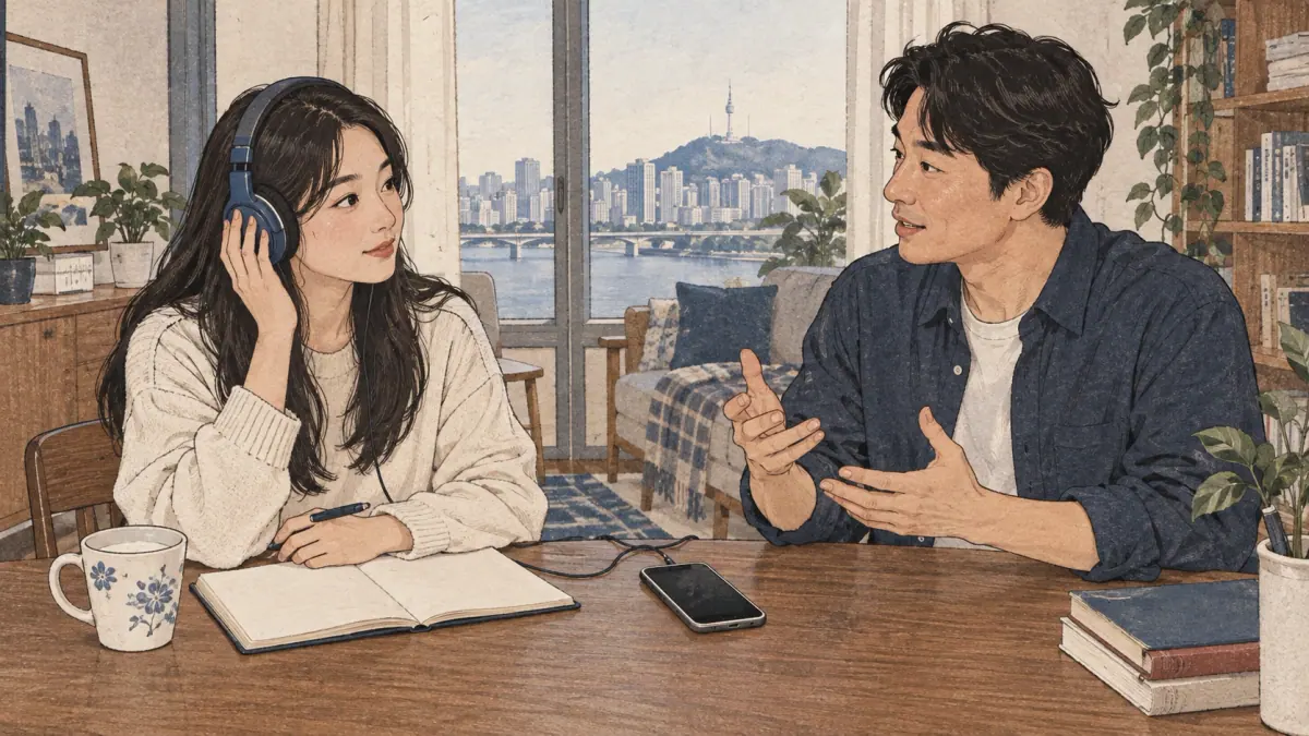 An adult learner listens with headphones and repeats a vowel with a Korean tutor.