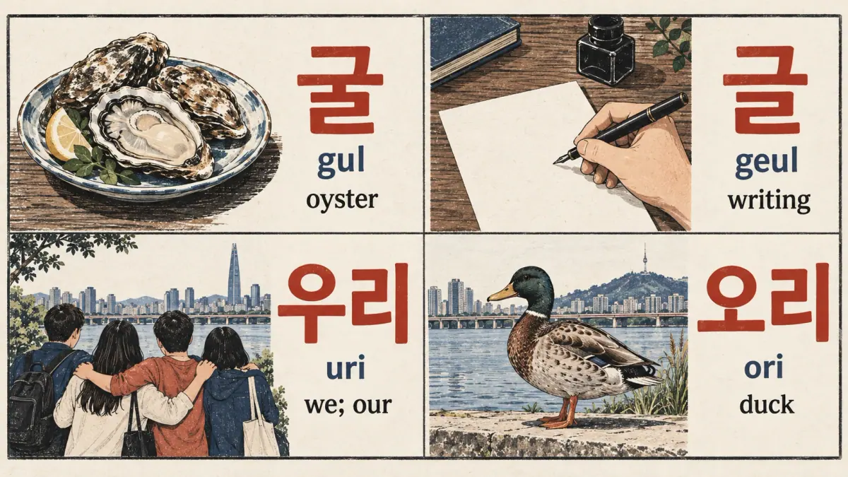 Oyster and writing, friends and a duck contrast 굴 (gul), 글 (geul), 우리 (uri) and 오리 (ori).