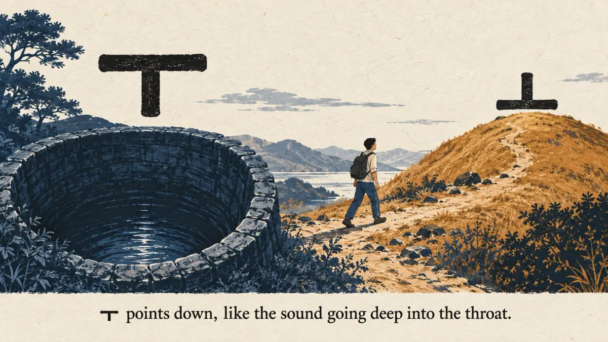 ㅜ hangs down above a deep well; ㅗ points up above a hill, illustrating the memory cue.