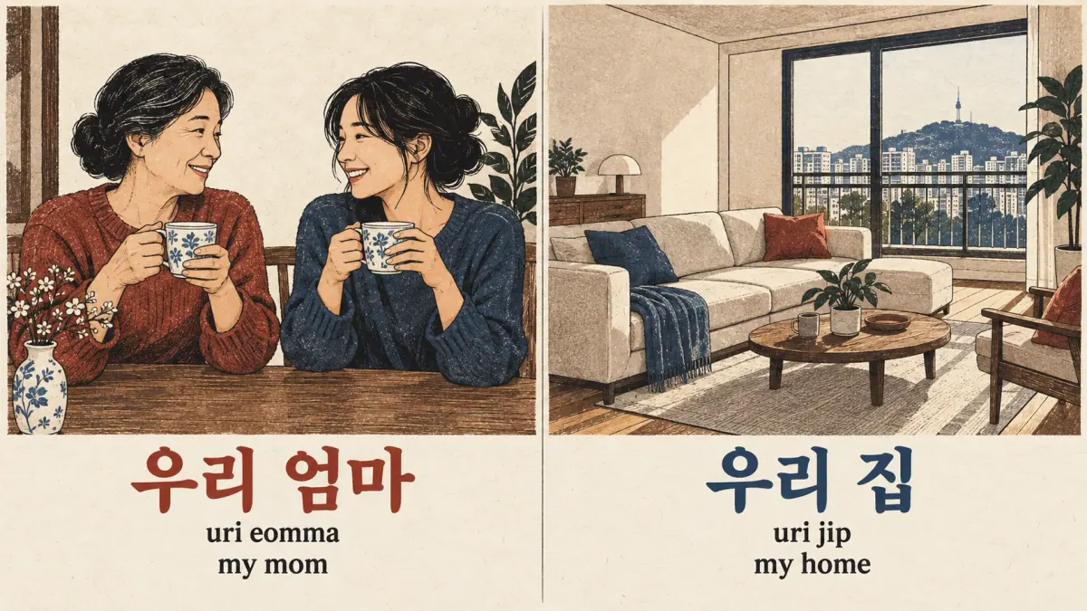 Mother and daughter and an apartment illustrate 우리 엄마 (uri eomma), my mom, and 우리 집 (uri jip), my home.