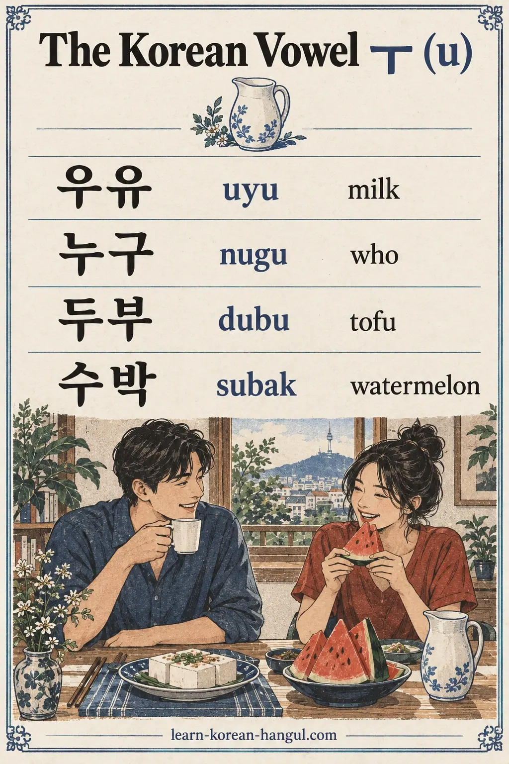 ㅜ (u) lesson pin: 우유 (uyu), 누구 (nugu), 두부 (dubu), 수박 (subak). Illustrated examples on ruled hanji paper.
